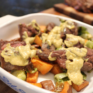 Shipley Farms Dry-Aged Sirloin and Sweet Potato Skillet with Curry Aioli