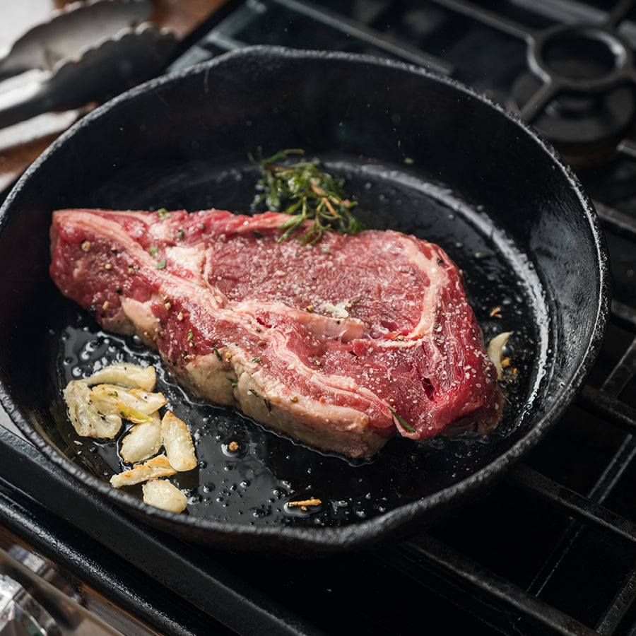 Pan fry Shipley Farm's signature Huston Ribeye Steak