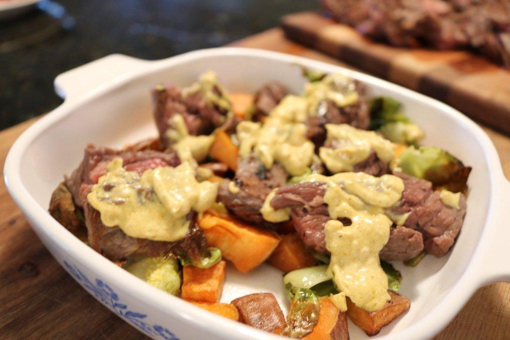 Shipley Farms Dry-Aged Sirloin and Sweet Potato Skillet with Curry Aioli - Cover Image