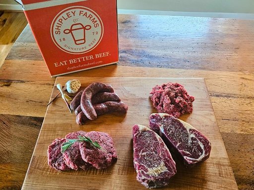 Shipley Farms products: sausage, steaks, hamburgers, and ground beef with branded box